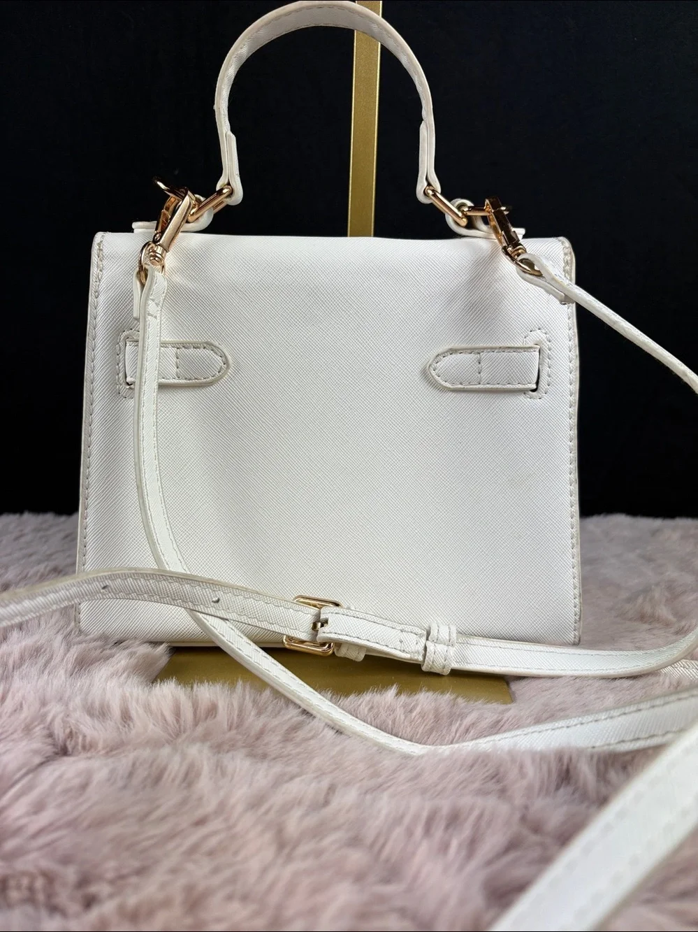 Kelly Style Mini White Saffiano Faux Leather Structured Crossbody Satchel